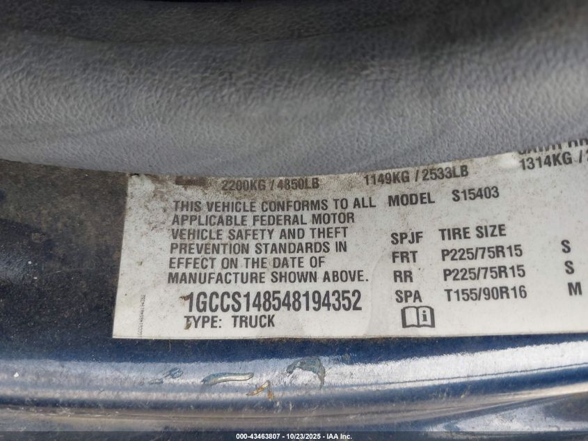 2004 Chevrolet Colorado Ls VIN: 1GCCS148548194352 Lot: 43463807