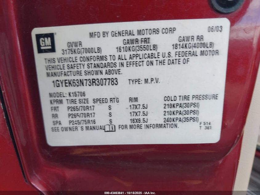 2003 Cadillac Escalade Standard VIN: 1GYEK63N73R307783 Lot: 43463841