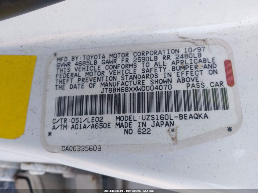 1998 Lexus Gs 400 VIN: JT8BH68XXW0004070 Lot: 43463849