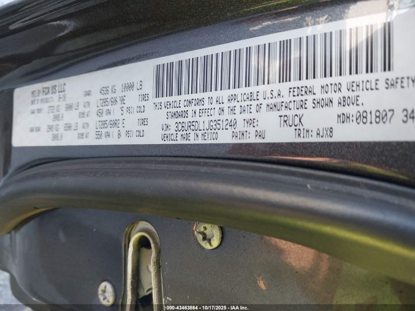 2018 Ram 2500 VIN: 3C6UR5DL1JG351240 Lot: 43463864