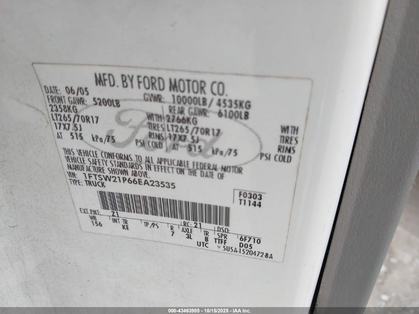 2006 Ford F-250 Lariat/Xl/Xlt VIN: 1FTSW21P66EA23535 Lot: 43463905