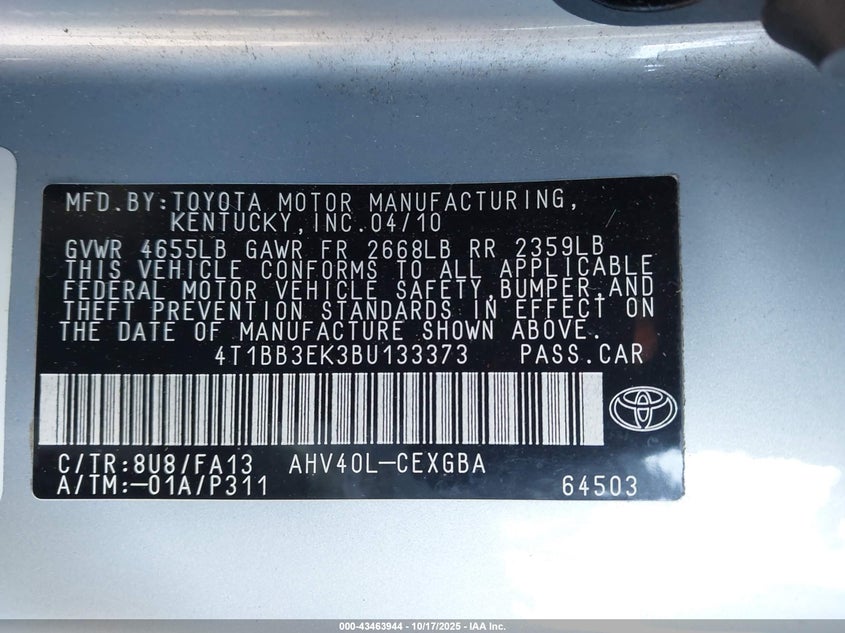 4T1BB3EK3BU133373 2011 TOYOTA CAMRY photo no. 9