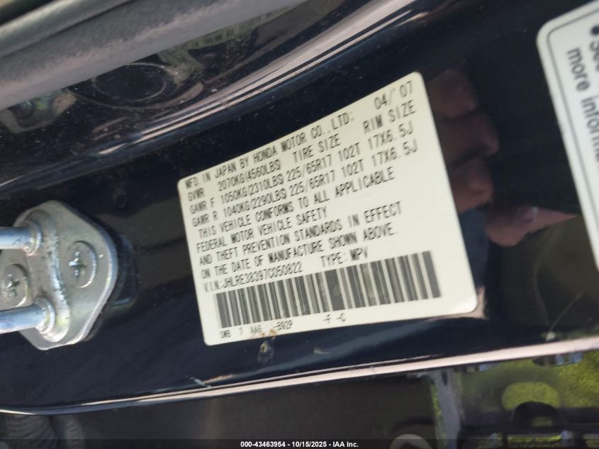 2007 Honda Cr-V Lx VIN: JHLRE38397C050822 Lot: 43463954