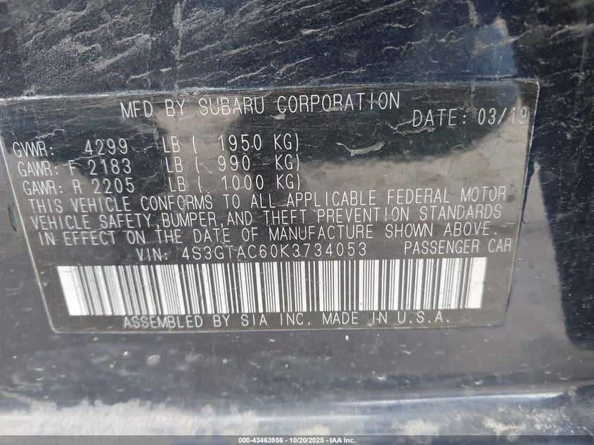 2019 SUBARU IMPREZA 2.0I PREMIUM 4S3GTAC60K3734053