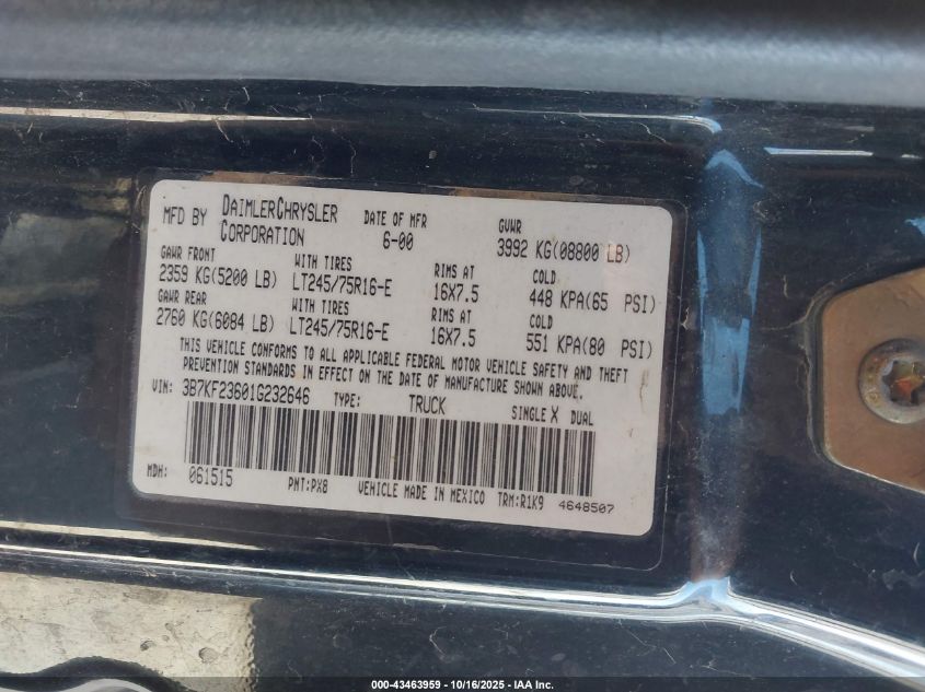 2001 Dodge Ram 2500 St VIN: 3B7KF23601G232646 Lot: 43463959