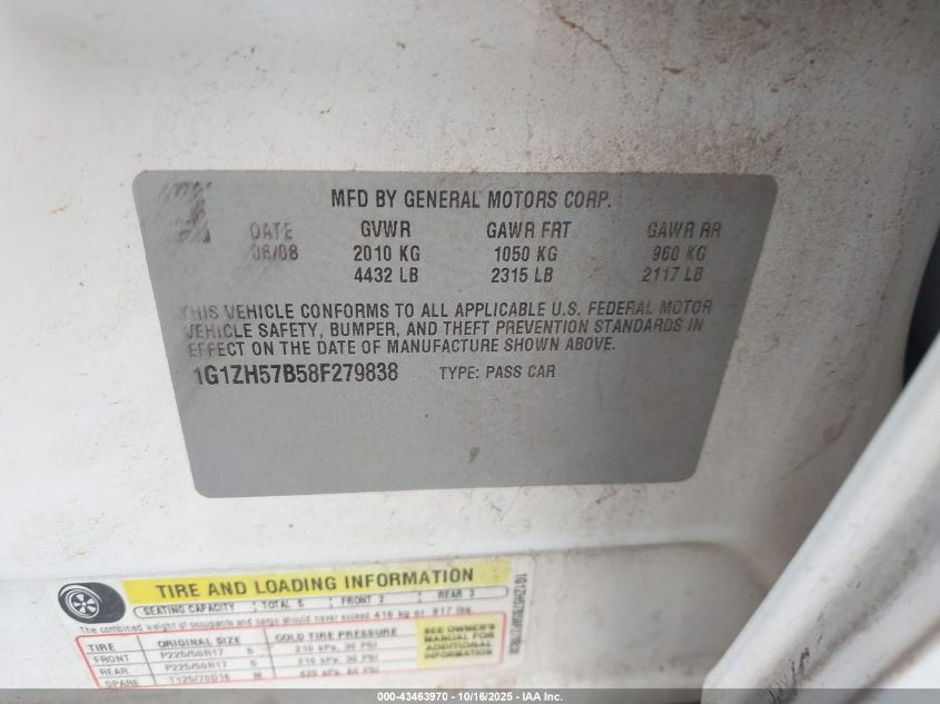2008 Chevrolet Malibu Lt VIN: 1G1ZH57B58F279838 Lot: 43463970