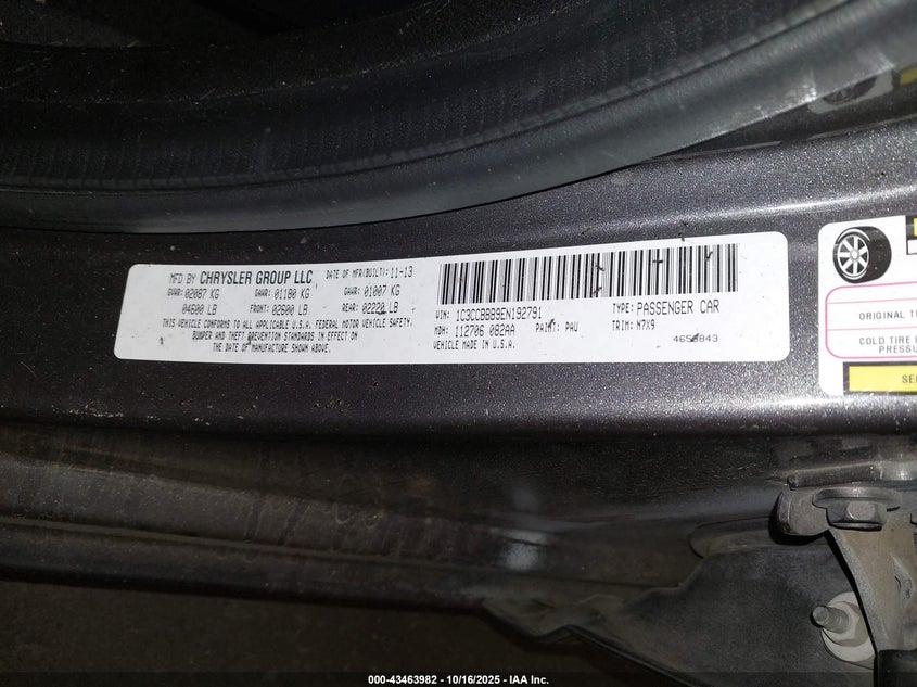 2014 Chrysler 200 Touring VIN: 1C3CCBBB9EN192791 Lot: 43463982