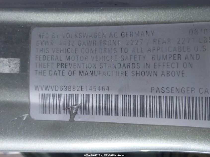 2002 Volkswagen Passat Gls VIN: WVWVD63B82E145464 Lot: 43464029