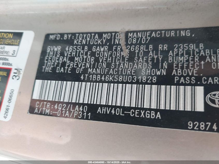 2008 Toyota Camry Hybrid VIN: 4T1BB46K58U031828 Lot: 43464060