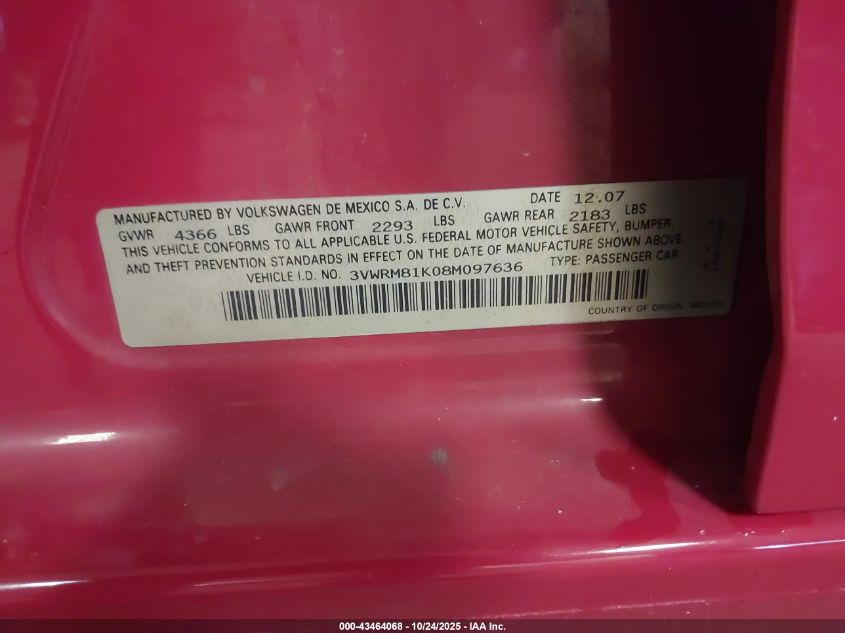 2008 Volkswagen Jetta Se VIN: 3VWRM81K08M097636 Lot: 43464068