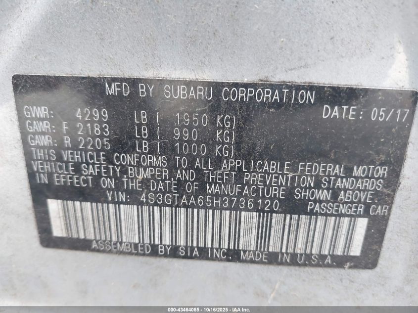 2017 Subaru Impreza 2.0I VIN: 4S3GTAA65H3736120 Lot: 43464085