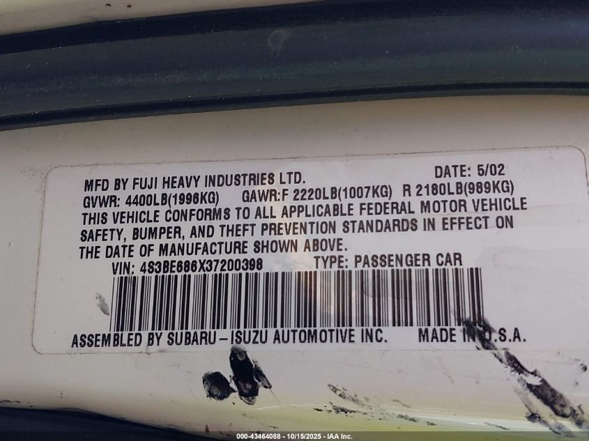 2003 Subaru Outback Limited VIN: 4S3BE686X37200398 Lot: 43464088