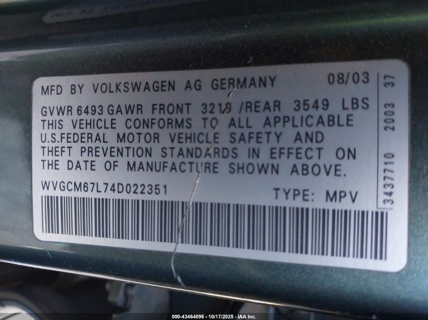 2004 Volkswagen Touareg V8 VIN: WVGCM67L74D022351 Lot: 43464096