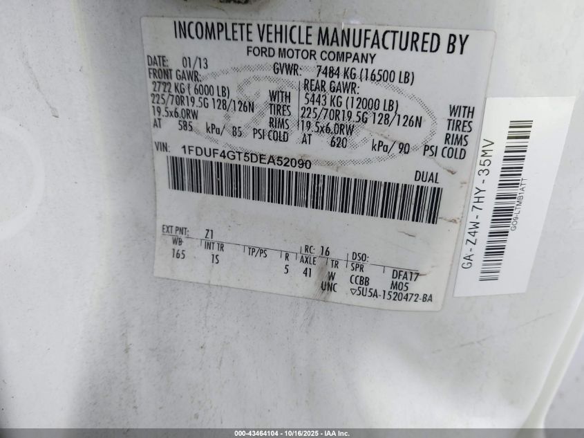 2013 Ford F-450 Chassis Xl VIN: 1FDUF4GT5DEA52090 Lot: 43464104