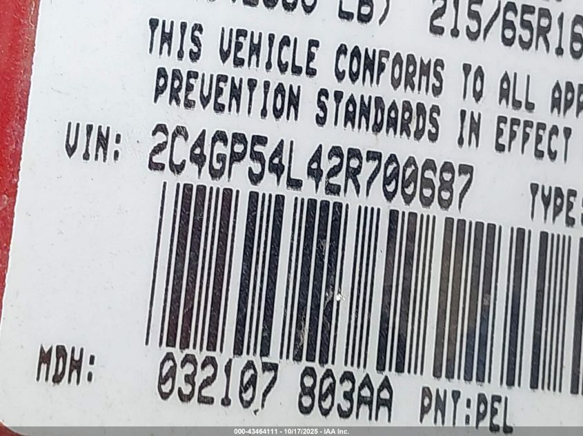 2002 Chrysler Town & Country Lxi VIN: 2C4GP54L42R700687 Lot: 43464111