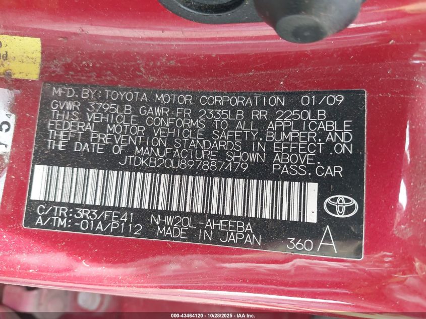 2009 Toyota Prius Standard VIN: JTDKB20U897887479 Lot: 43464120