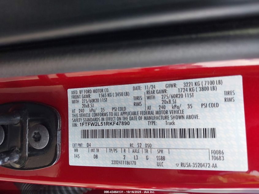 2024 Ford F-150 Stx VIN: 1FTFW2L51RKF47890 Lot: 43464131