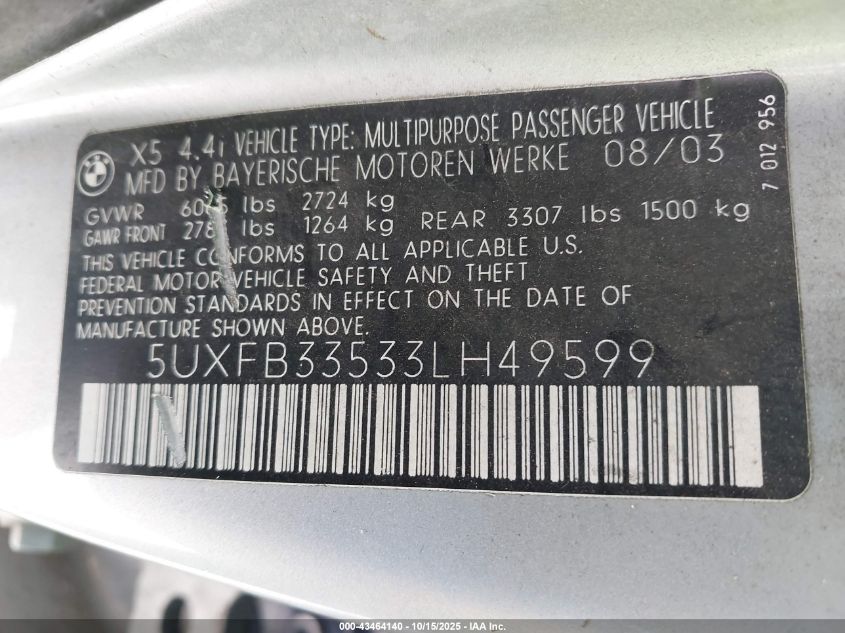 2003 BMW X5 4.4I VIN: 5UXFB33533LH49599 Lot: 43464140