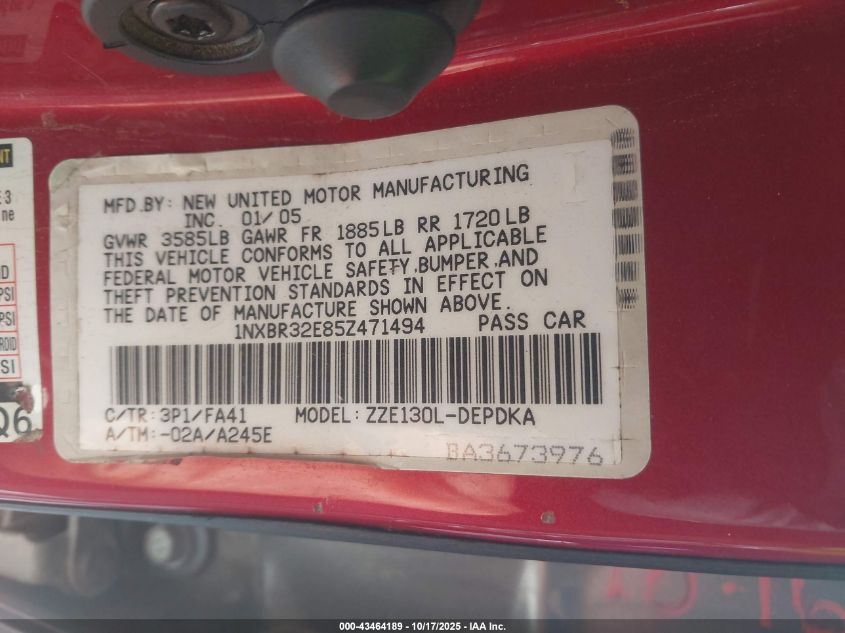 2005 Toyota Corolla Ce VIN: 1NXBR32E85Z471494 Lot: 43464189