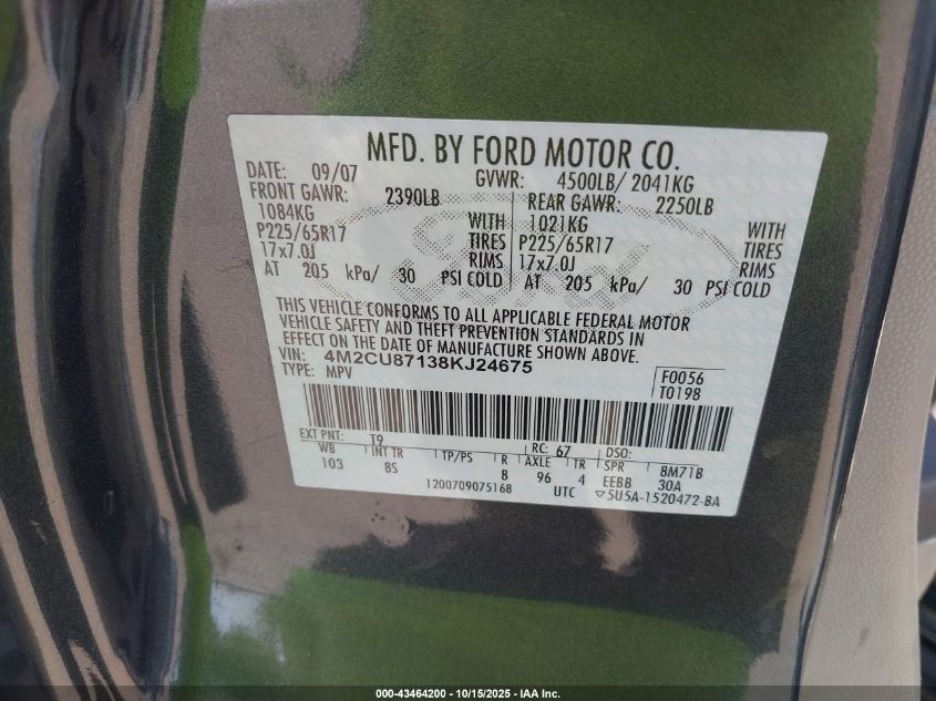 2008 Mercury Mariner Premier VIN: 4M2CU87138KJ24675 Lot: 43464200