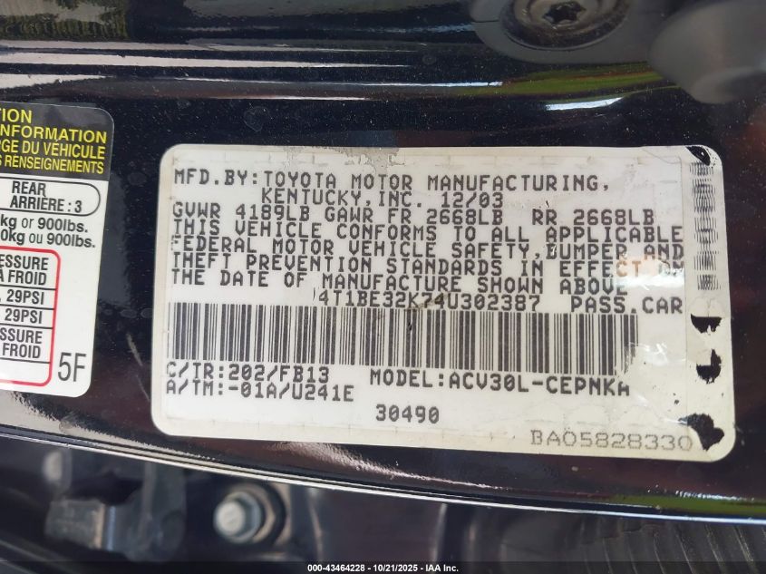 2004 Toyota Camry Le VIN: 4T1BE32K74U302387 Lot: 43464228