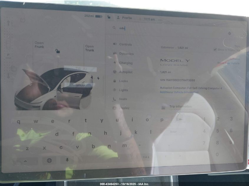 2026 Tesla Model Y Long Range Dual Motor All-Wheel Drive VIN: 7SAYGDED3TA473088 Lot: 43464253