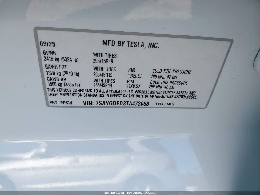 2026 Tesla Model Y Long Range Dual Motor All-Wheel Drive VIN: 7SAYGDED3TA473088 Lot: 43464253