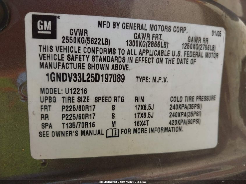 2005 Chevrolet Uplander Lt VIN: 1GNDV33L25D197089 Lot: 43464281