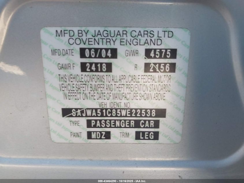 2005 Jaguar X-Type 3.0 VIN: SAJWA51C85WE22538 Lot: 43464290