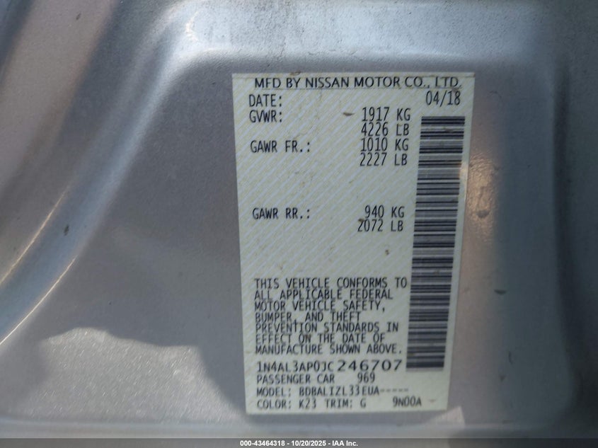 2018 NISSAN ALTIMA 2.5 SV 1N4AL3AP0JC246707