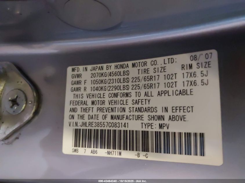 2007 Honda Cr-V Ex VIN: JHLRE38557C083141 Lot: 43464340