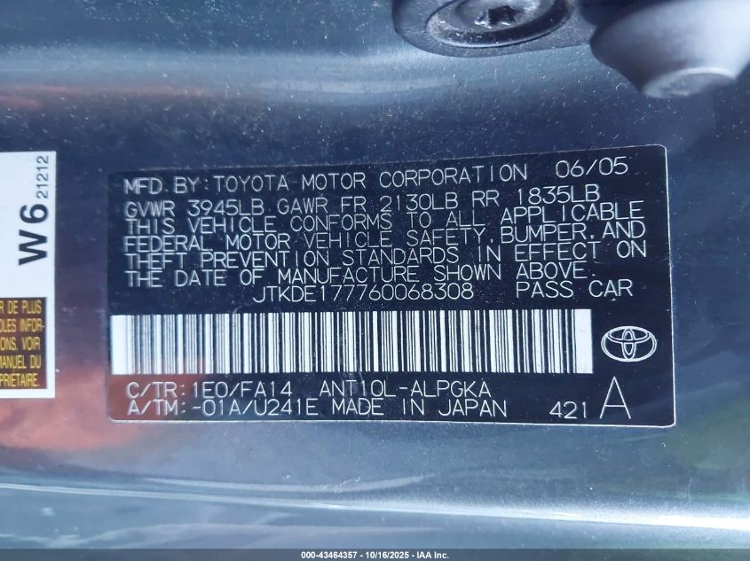 2006 Scion Tc VIN: JTKDE177760068308 Lot: 43464357