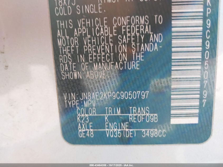 2012 Nissan Quest Sl VIN: JN8AE2KP9C9050797 Lot: 43464358