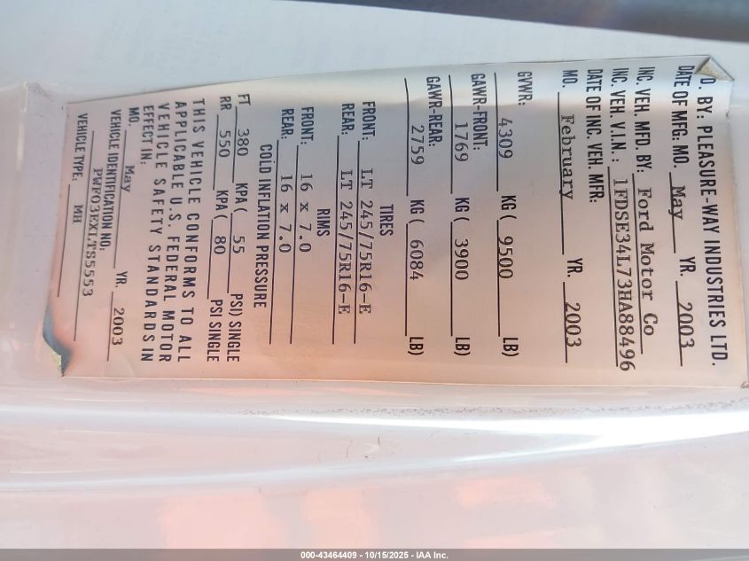 2003 Ford E-350 Super Duty Recreational VIN: 1FDSE34L73HA88496 Lot: 43464409