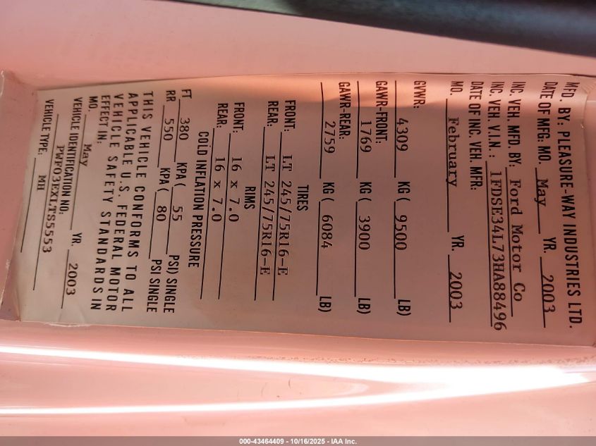 2003 Ford E-350 Super Duty Recreational VIN: 1FDSE34L73HA88496 Lot: 43464409