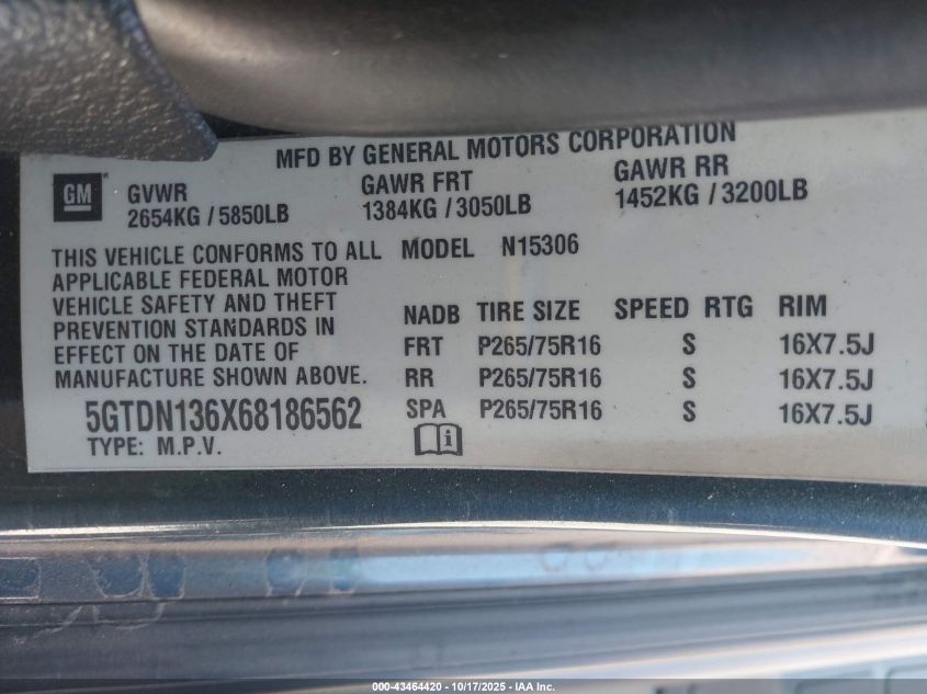 2006 Hummer H3 Suv VIN: 5GTDN136X68186562 Lot: 43464420