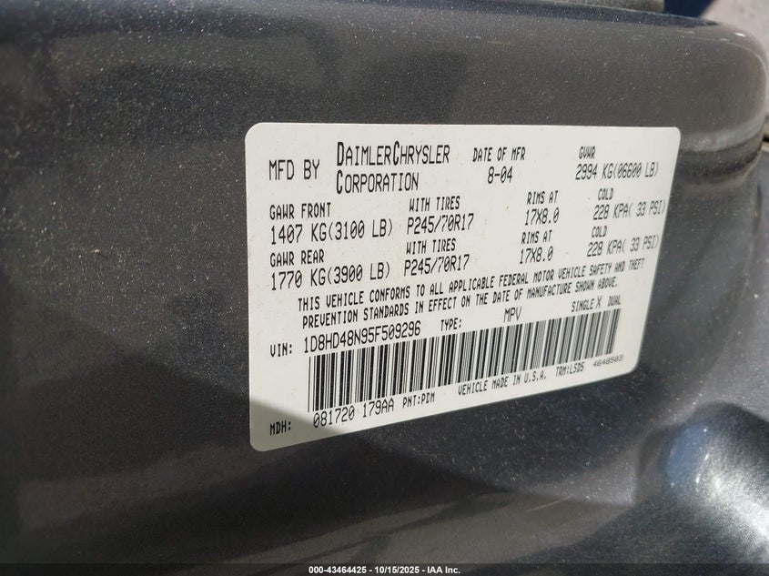 1D8HD48N95F509296 2005 DODGE DURANGO photo no. 9