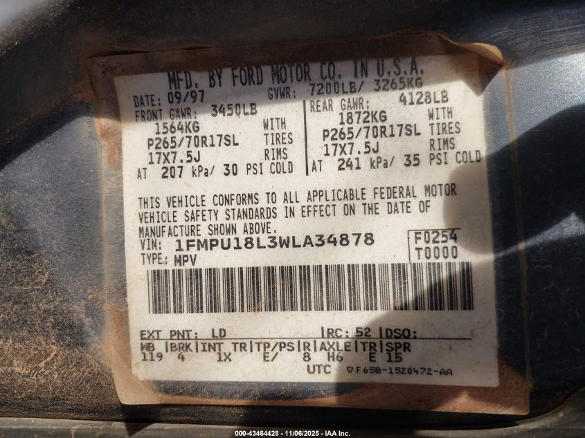 1998 Ford Expedition Eddie Bauer/Xlt VIN: 1FMPU18L3WLA34878 Lot: 43464428