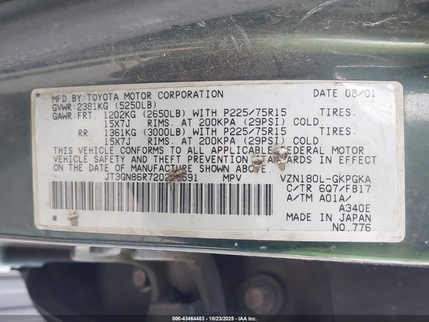 2002 Toyota 4Runner Sr5 V6 VIN: JT3GN86R720221591 Lot: 43464483