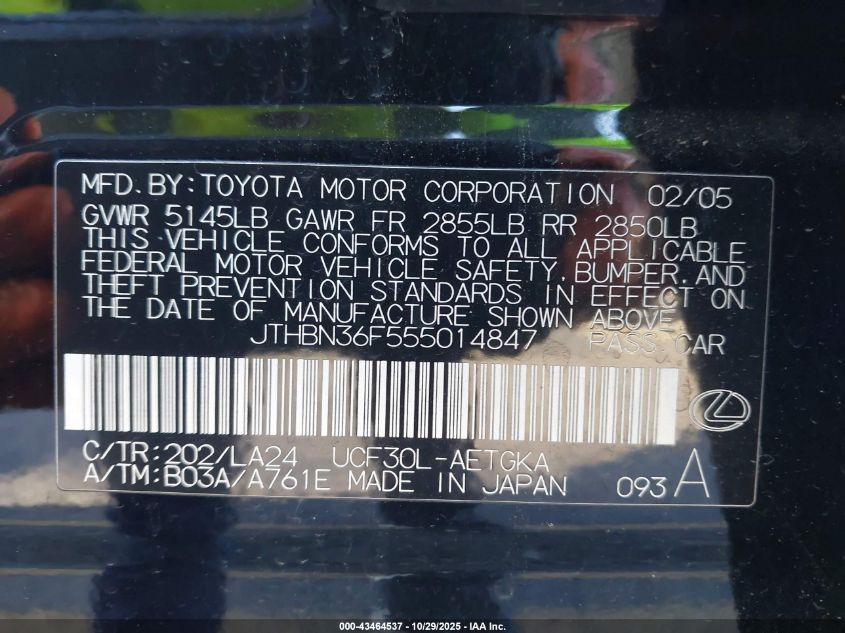 2005 Lexus Ls 430 VIN: JTHBN36F555014847 Lot: 43464537