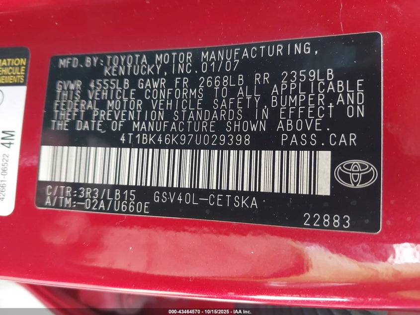 4T1BK46K97U029398 2007 TOYOTA CAMRY photo no. 9