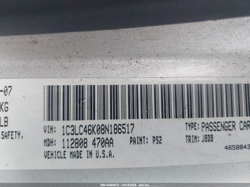 2008 Chrysler Sebring Lx VIN: 1C3LC46K08N186517 Lot: 43464572