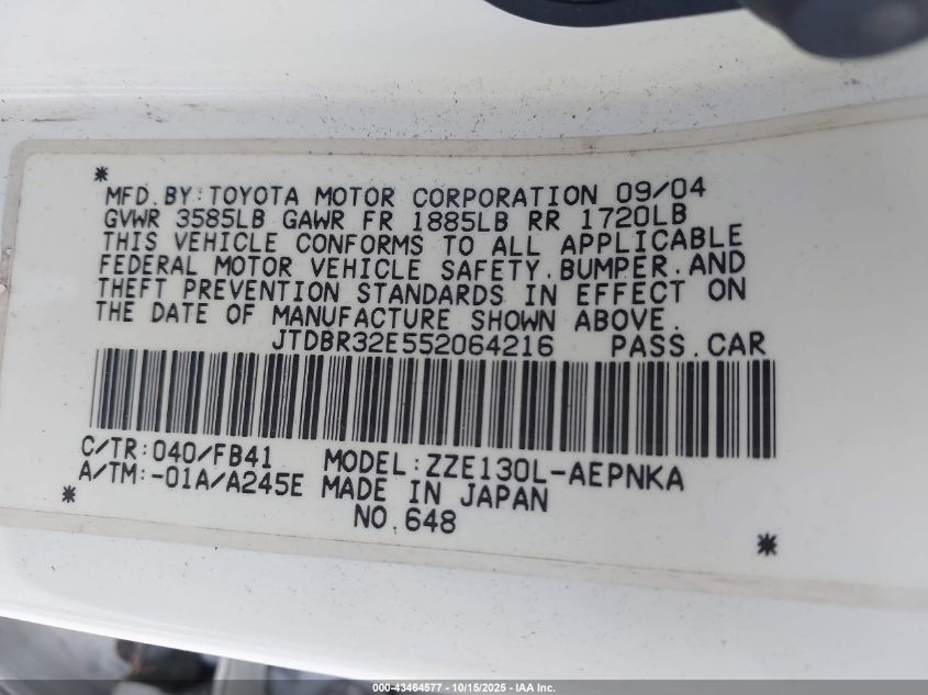 2005 Toyota Corolla Le VIN: JTDBR32E552064216 Lot: 43464577