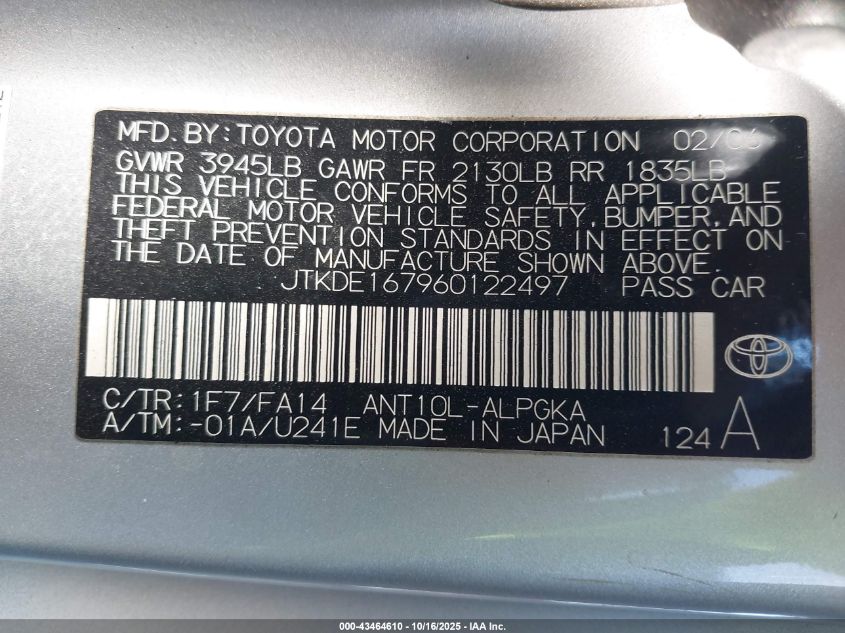 2006 Scion Tc VIN: JTKDE167960122497 Lot: 43464610