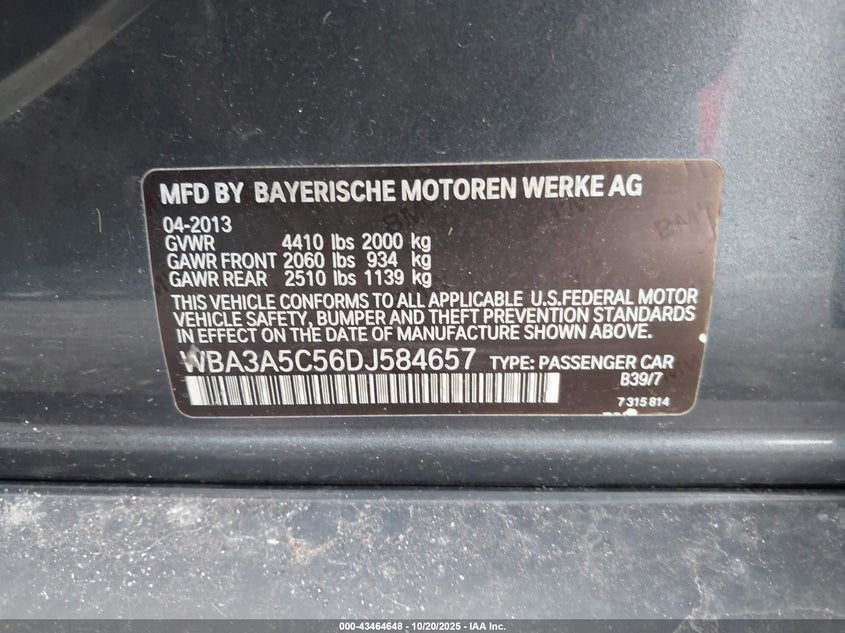 2013 BMW 328I WBA3A5C56DJ584657
