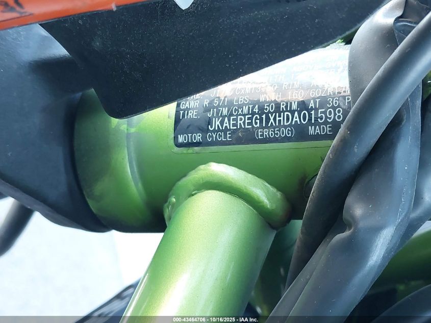 2017 Kawasaki Er650 G VIN: JKAEREG1XHDA01598 Lot: 43464706
