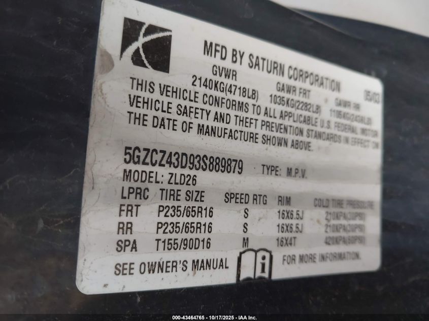 2003 Saturn Vue 4 Cyl VIN: 5GZCZ43D93S889879 Lot: 43464765