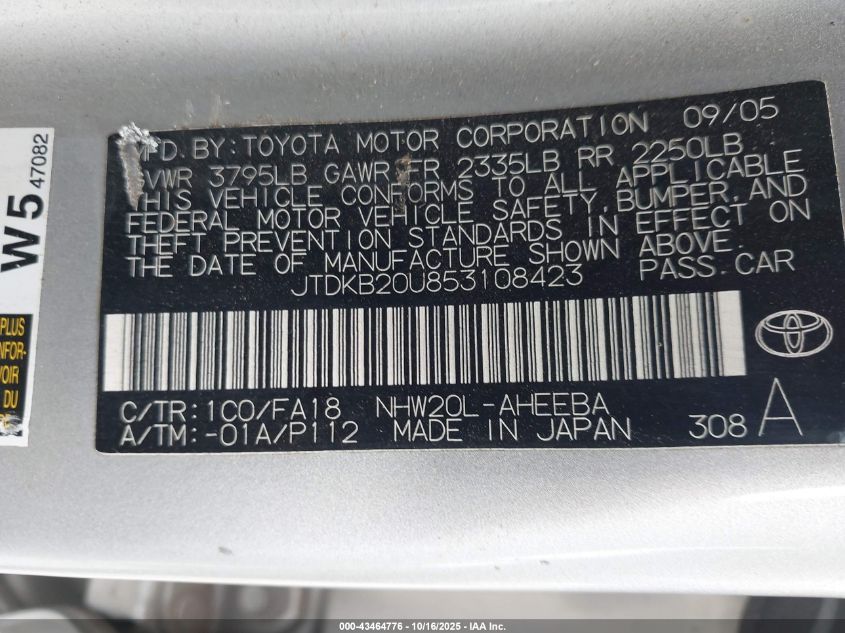 2005 Toyota Prius VIN: JTDKB20U853108423 Lot: 43464776