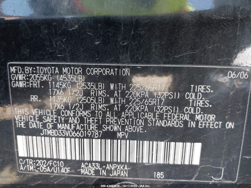 2006 Toyota Rav4 VIN: JTMBD33V066019787 Lot: 43464810