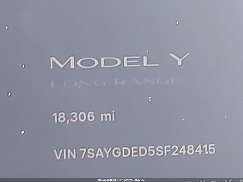 2025 Tesla Model Y Long Range Dual Motor Rear-Wheel Drive VIN: 7SAYGDED5SF248415 Lot: 43464829